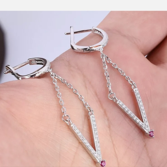 Sterling silver White Sapphire & Ruby "V" initial earrings - Picture 2 of 3